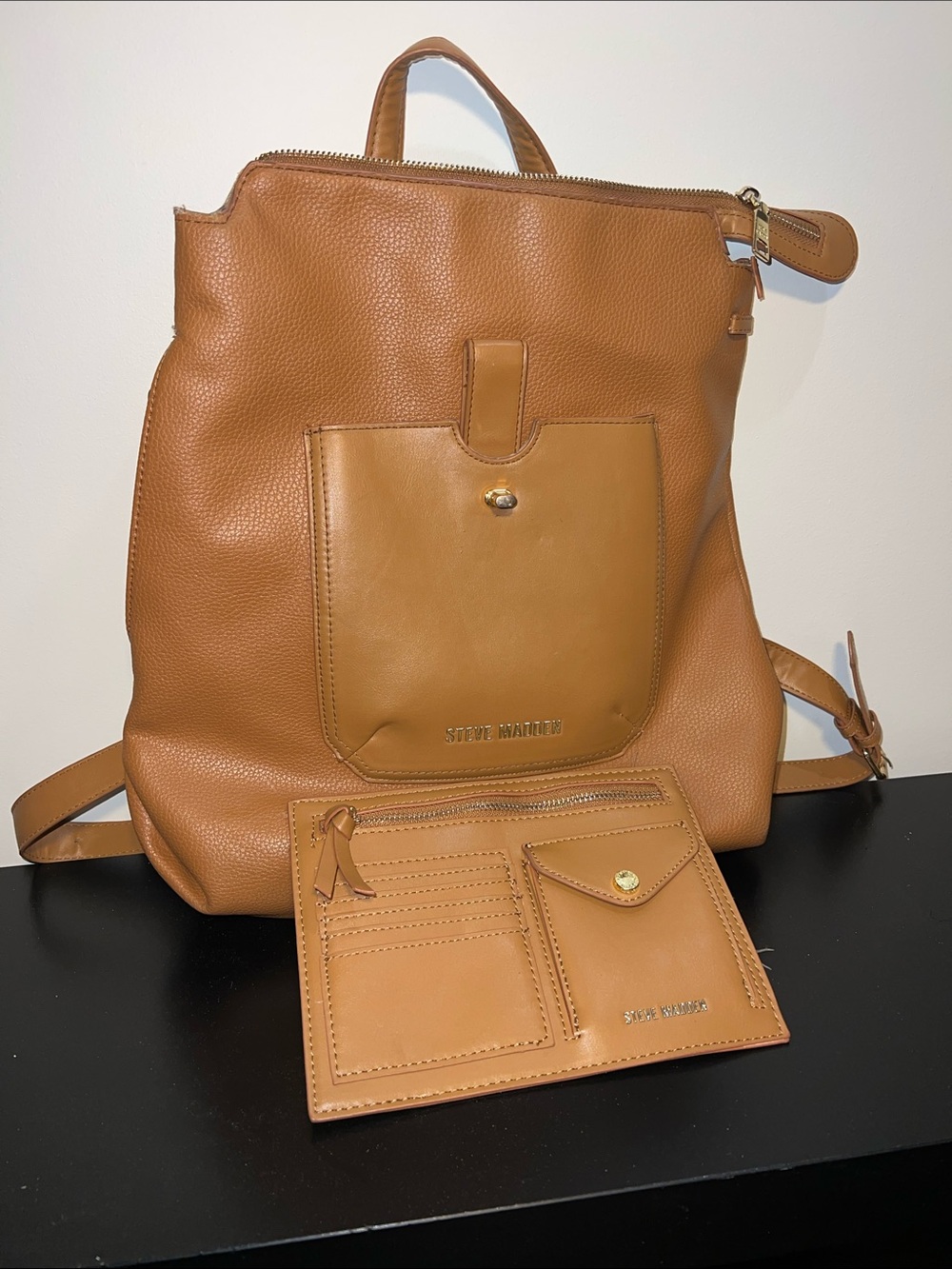 Steve Madden Cognac Tan Leather Backpack with Matching Wallet